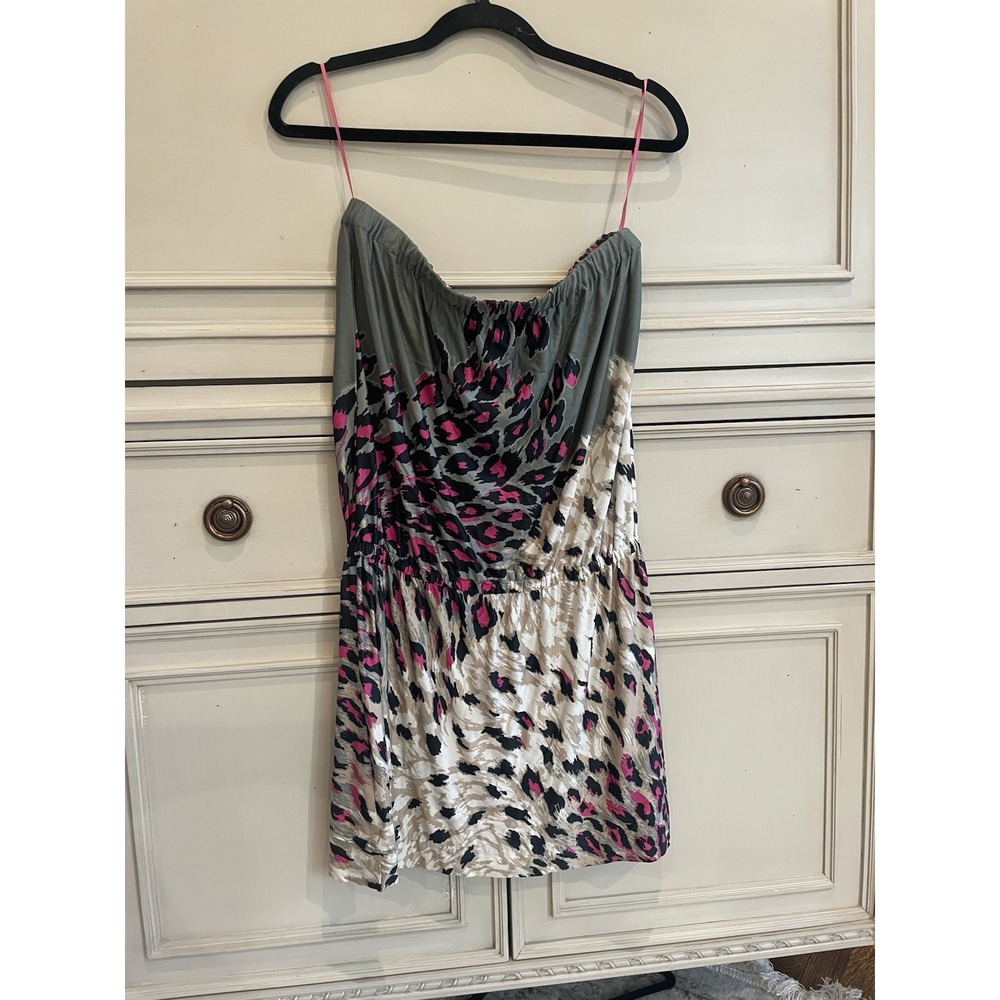 Tibi Green Pink Black‎ Animal Print Strapless Dress Size Small Silk Blend Mini